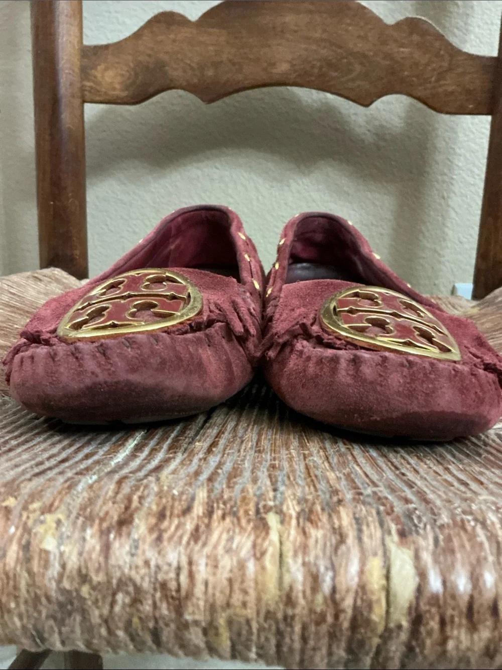 Tory Burch Burgundy Suede Fringe Logo Loafers
